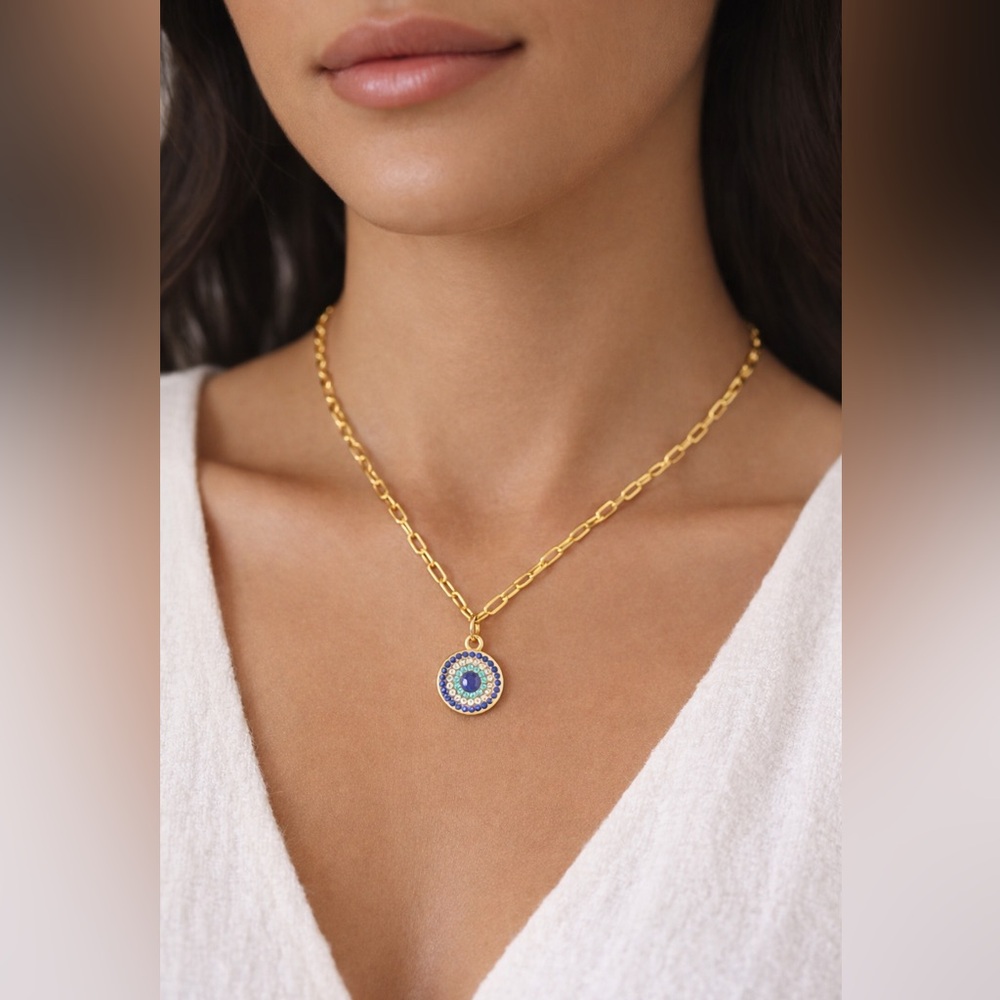 Blue Evil Eye Pendant Necklace Gold Paperclip Chain Dainty Protection Jewelry